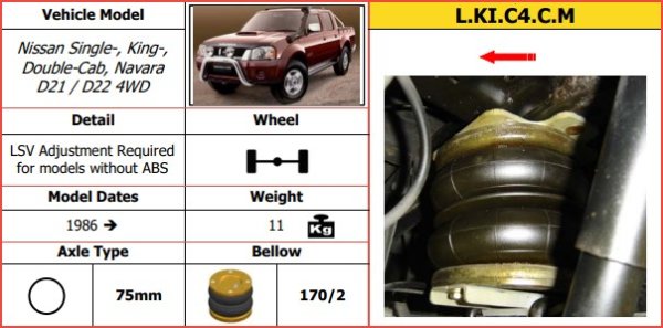 Dunlop Auxiliary Air Suspension Nissan Single Cab D21/D22, King Cab D21/D22, Double-Cab D21/D22 and Navara D21/D22 4WD